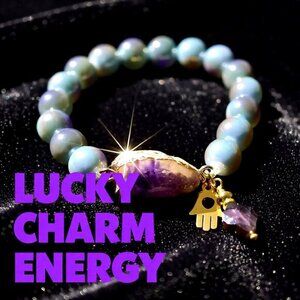 Dreamy! Iridescent Dove Gray Beads + Purple Druzy Bracelet! Gold Hamsa Hand!
